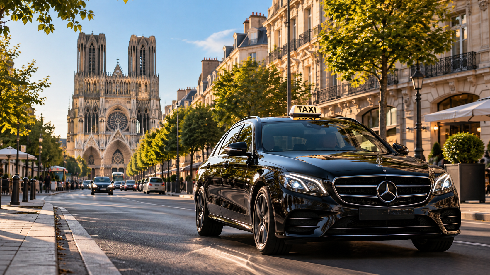 Mercedes Classe E taxi devant la cathédrale de Reims pour DIB TAXI